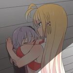 Safebooru - 2girls antenna hair blonde hair blush breast smo